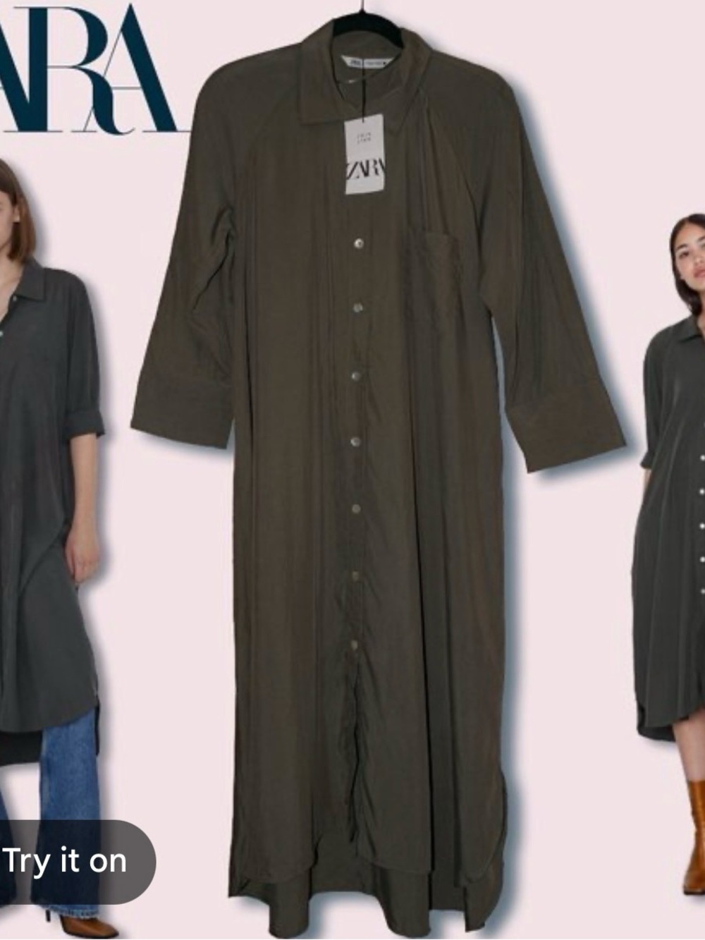 Zara Olive Green Long Sleeve Button-Down Maxi Dress
